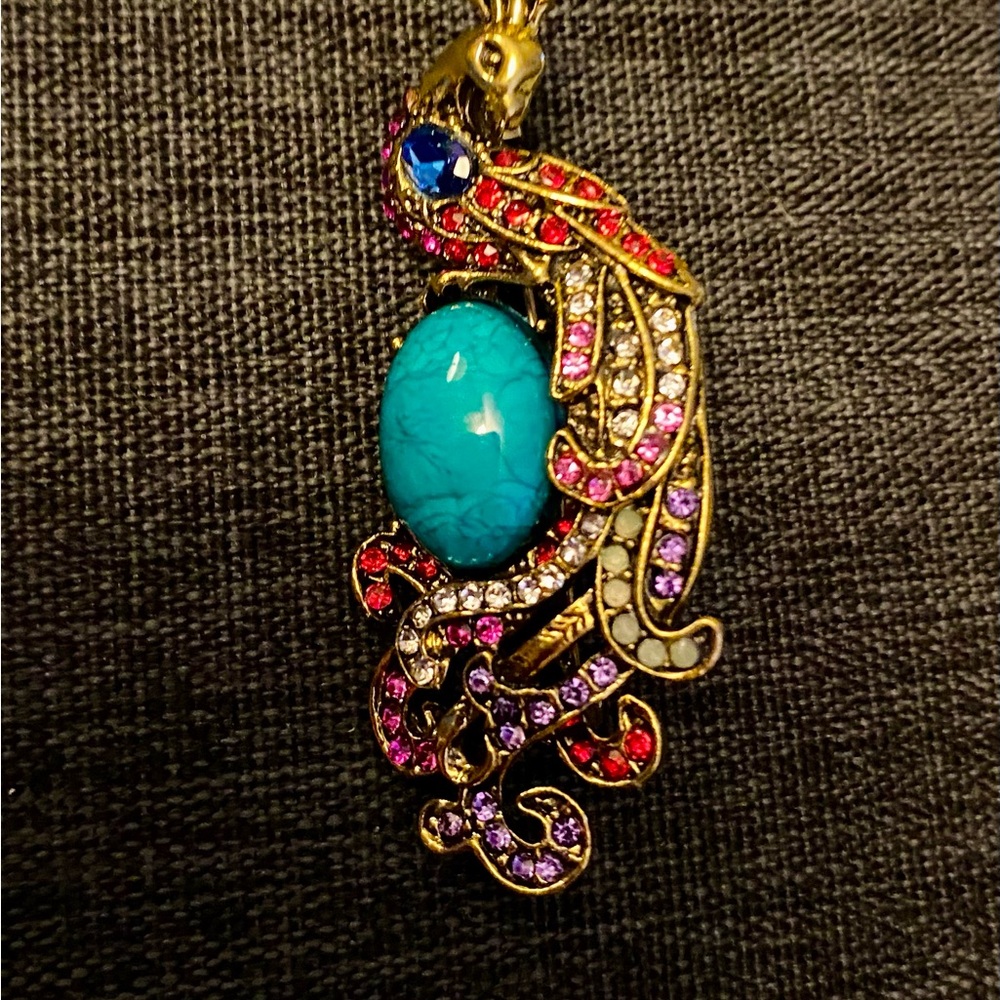 Peacock Blue, Pink, Purple and Red Brooch with Intricate Design